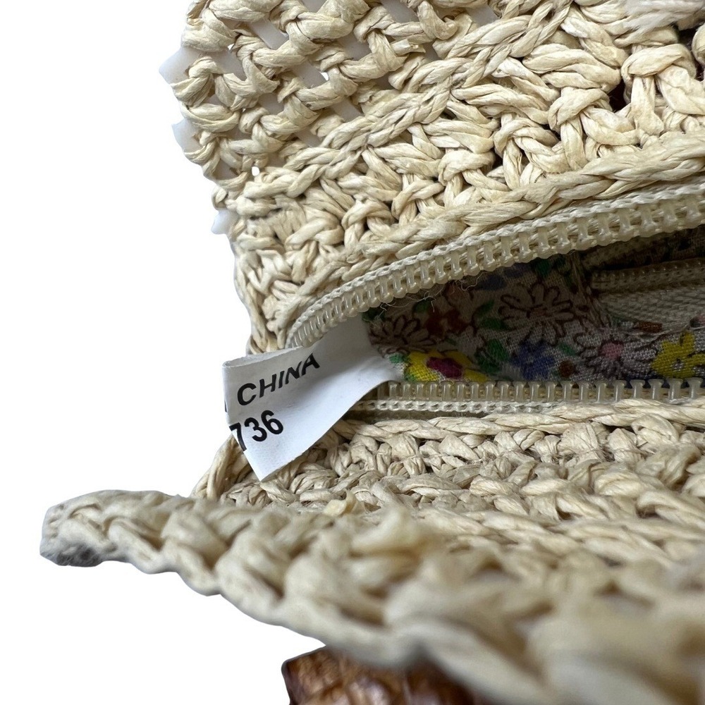 Fossil Straw Woven Top Handle Bag Floral Embroidered Wood Handle Handbag - Picture 7 of 14